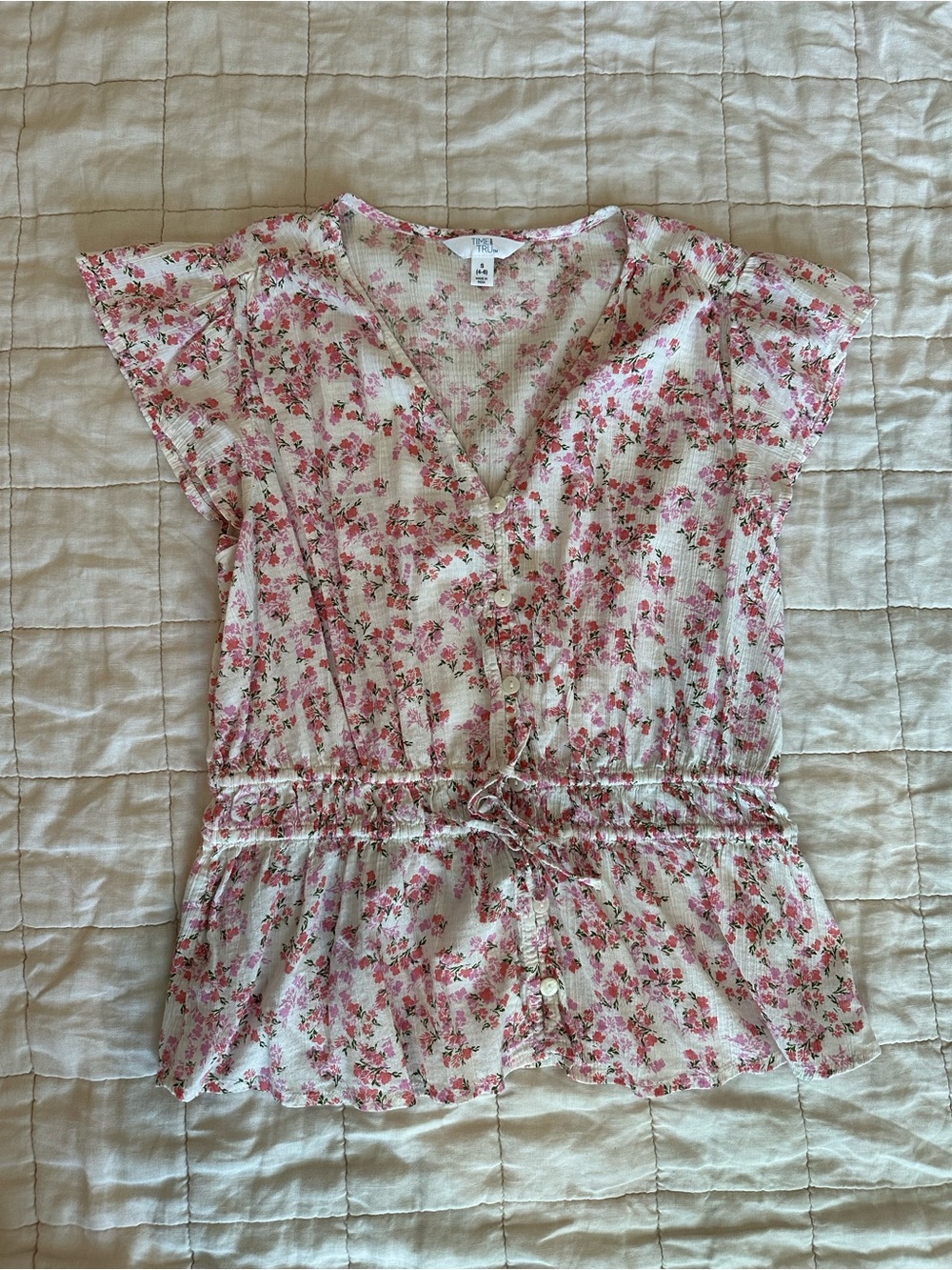 Time and Tru Pink Floral Tie-Waist Blouse